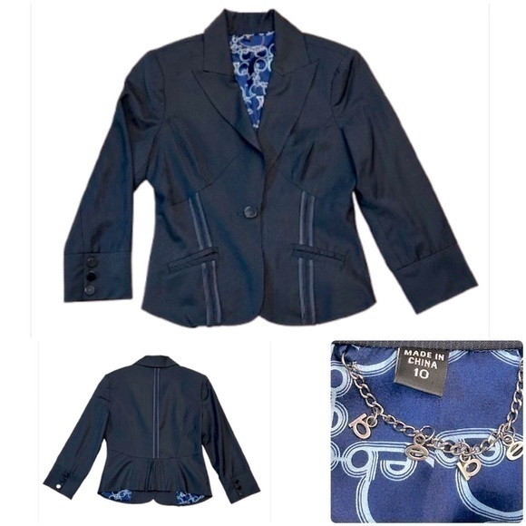 Bebe Navy Wool Blend Blazer With Beautiful Lining & Ruffle Frill On Lower Back